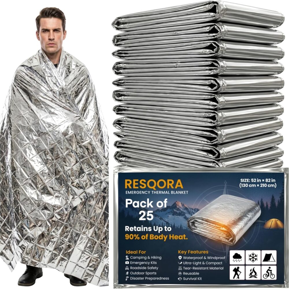 Emergency Mylar Blankets, 25 Pack Thermal Space Blankets | 82 x 52 in silver foil reflective blankets for survival, camping, hiking, car emergency kit and first aid