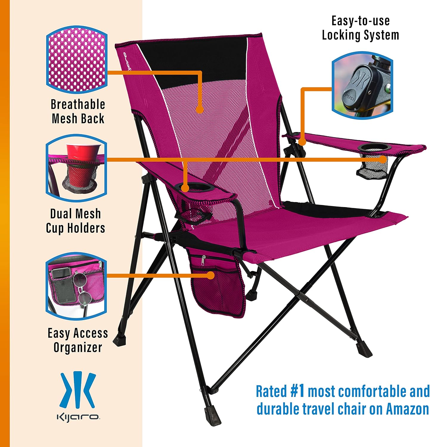 Kijaro Dual Lock Portable Camping Chairs - Enjoy the Outdoors with a Versatile Folding Chair for Sports, Lawn - Dual Lock Feature Locks Position – Hanami Pink - Image 5